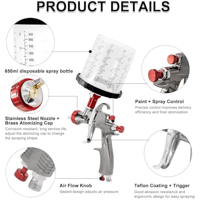 BENTOHKLE R500 LVLP AIR SPRAY GUN WITH 10PCS 650ML DISPOSABLE CUPS 1.3/1.5/1.7/2.0MM NOZZLES, AUTOMOTIVE PAINT GUNS R500 PAINT GUN SPRAYER FOR HOUSE PAINTING, CAR, FURNITURE - Image 4